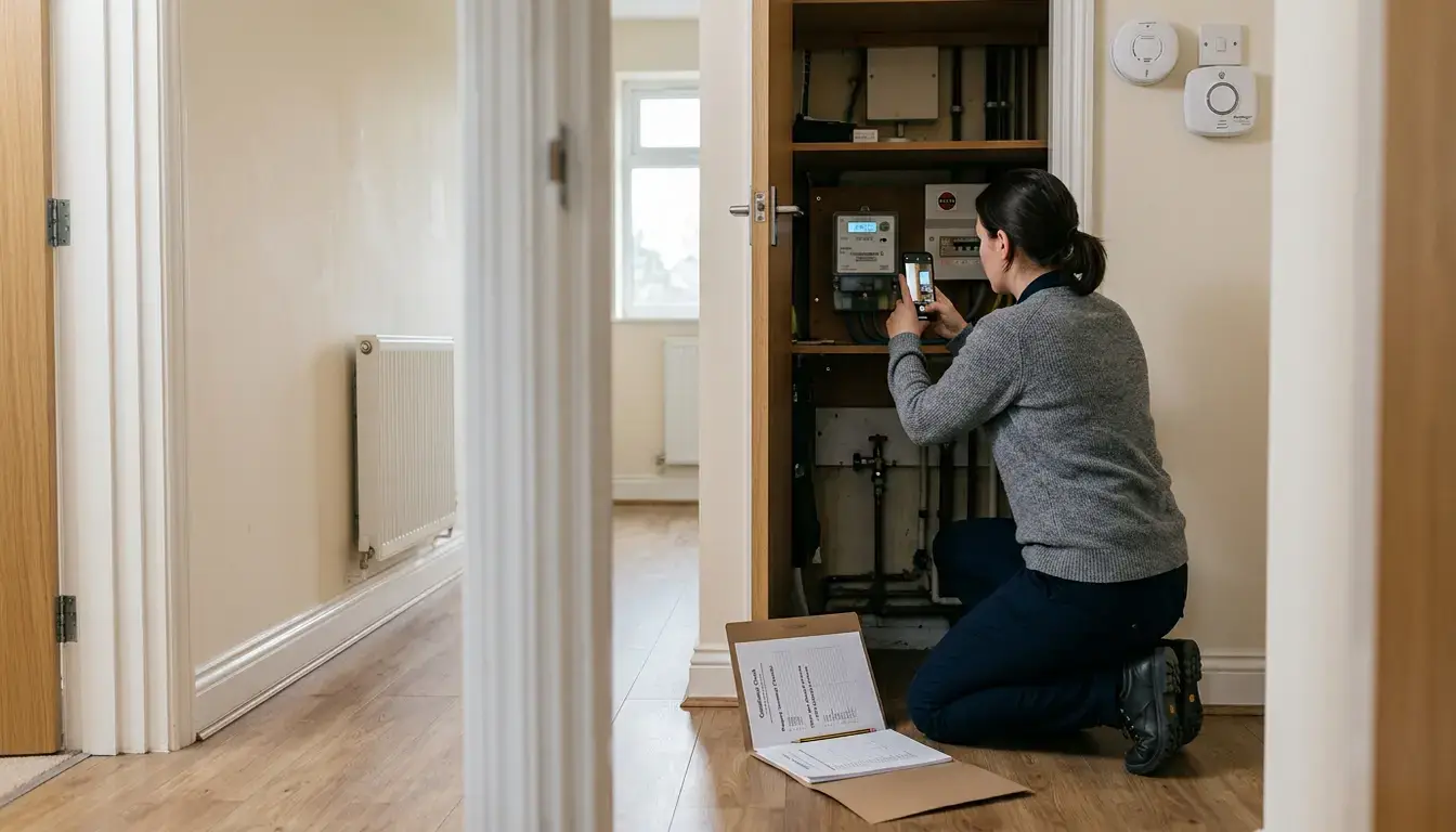 Landlord compliance check with meter reading, alarms and safety papers before a first tenant moves into an English rental home.