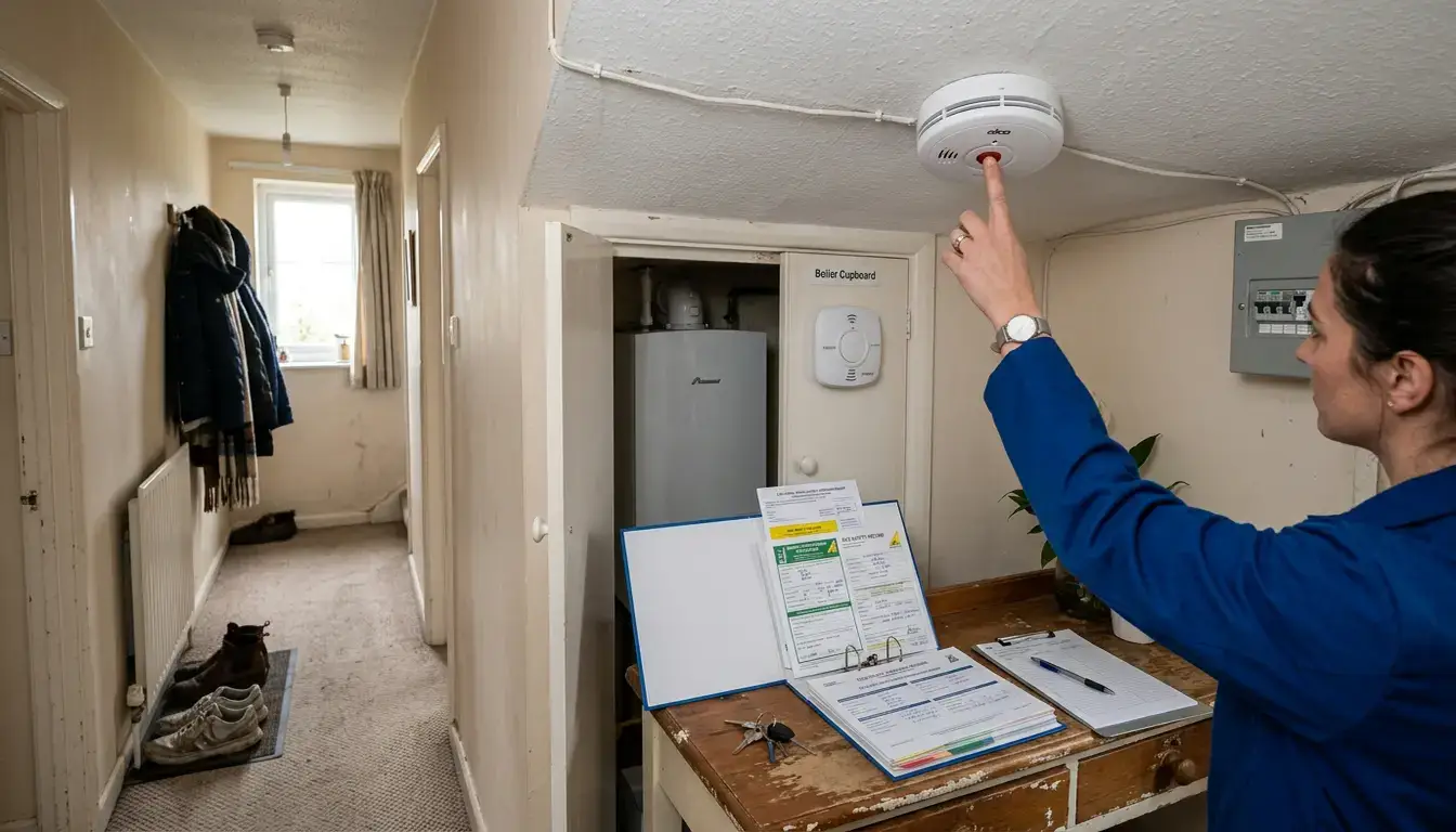 Landlord compliance folder and smoke alarm check in a UK rental home, showing safety and record-keeping duties.