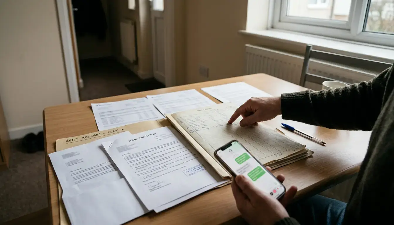 Landlord organising a rent arrears evidence folder and payment records in a UK rental flat.