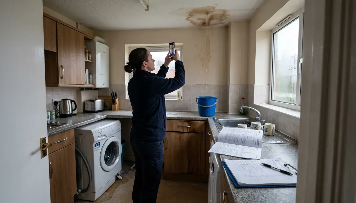 Landlord documents water damage in a UK rental kitchen for an insurance claim.