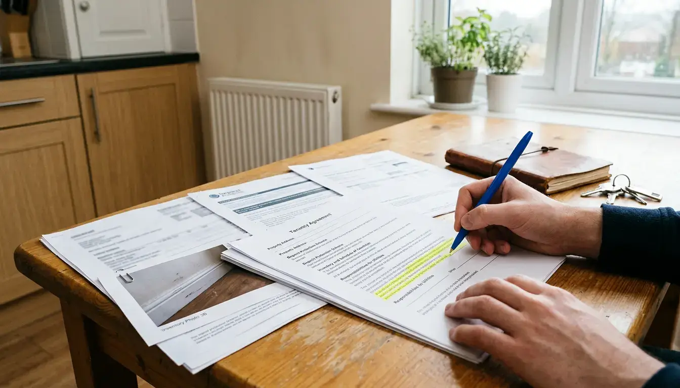 Tenant checking an unreadable tenancy agreement with deposit, inventory and utility papers in a modest UK rental kitchen.